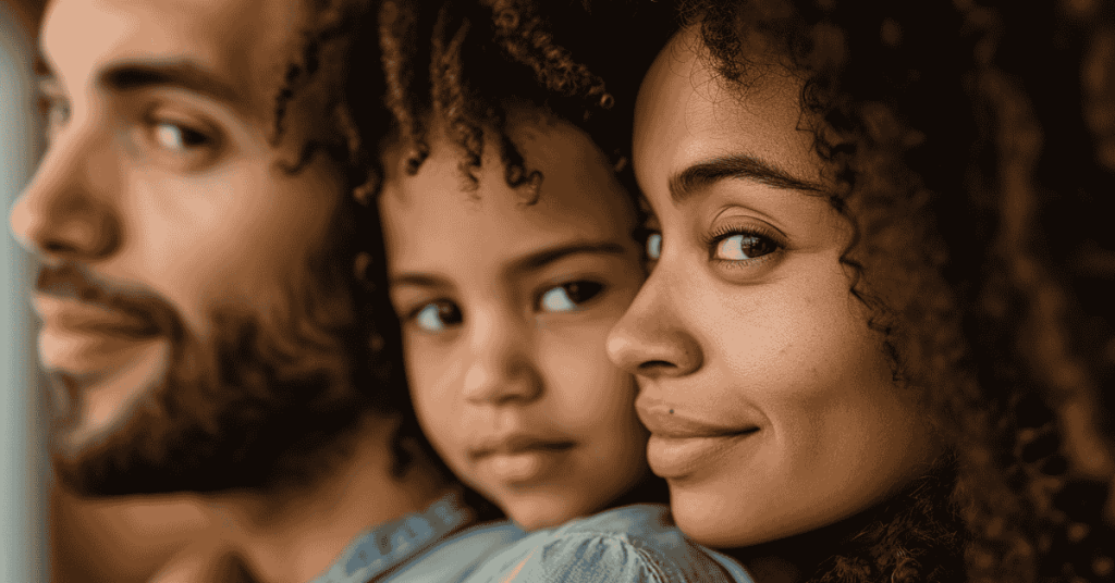 Close-up of a family showing a man, a woman, and a young girl looking at the camera with gentle expressions.