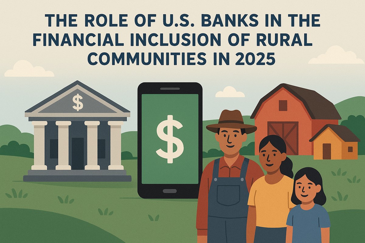 Flat-style illustration showing the theme of rural financial inclusion in the United States. At the top, a large headline reads ‘The role of U.S. banks in the financial inclusion of rural communities in 2025.’ In the foreground, a big smartphone displays a dollar symbol, representing digital banking. On the left, a classical bank building with columns and a dollar sign suggests traditional financial institutions. On the right, a smiling rural family stands in front of a red barn and farm buildings: an adult male farmer wearing a hat and overalls, an adult woman beside him, and a young girl in front, symbolizing rural households. The background features green fields, gentle hills, and a light sky with simple clouds, reinforcing a countryside setting.