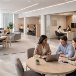 Clients meeting with advisors in a modern open office, discussing financial solutions inside contemporary banks