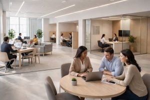 Clients meeting with advisors in a modern open office, discussing financial solutions inside contemporary banks