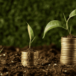 Stacks of coins with growing plants sprouting from them, symbolizing sustainable growth and smart finances