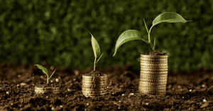 Stacks of coins with growing plants sprouting from them, symbolizing sustainable growth and smart finances