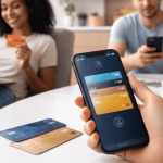 eople using smartphones and laptops to manage payments with a digital credit card app at home