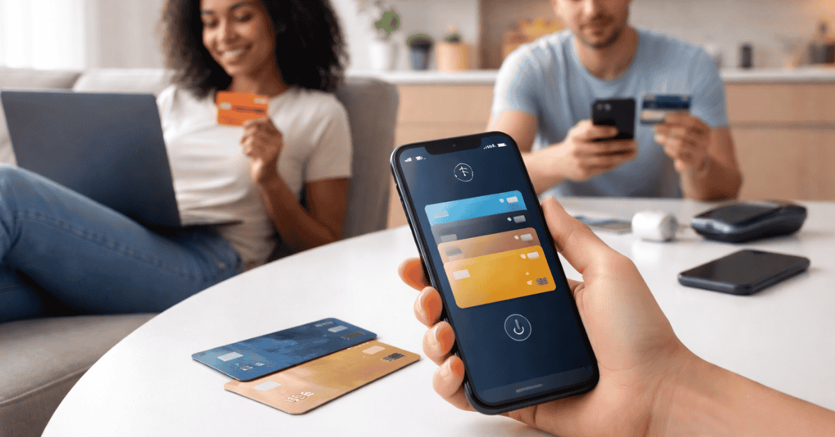 eople using smartphones and laptops to manage payments with a digital credit card app at home