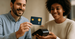 A smiling man holds a crypto-branded credit card near a payment terminal while a woman stands beside him, suggesting a contactless purchase.