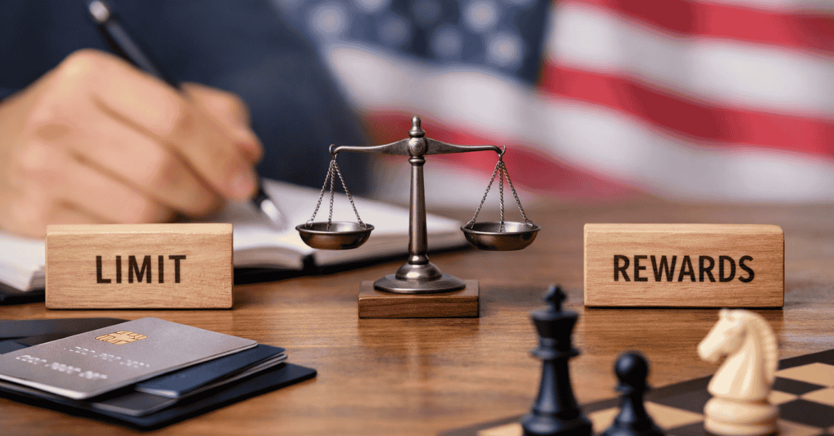 Credit card limits and rewards concept in the USA, showing balance scale between spending limit and rewards, with credit cards on a desk and American flag in the background.