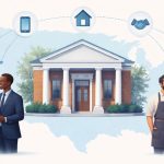 Illustration showing banks connecting people and businesses, with a central bank building and icons for mobile banking, home loans, and financial partnerships.