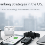 Modern banking strategies in the U.S., showing banks represented by a classical bank building, a smartphone with a banking app, smartwatch, keys, notebook, and wireless earbuds, highlighting how banks adapt to autonomous and digital customers.