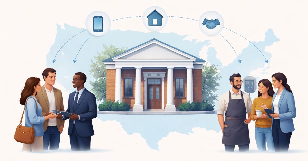 Illustration showing banks connecting people and businesses, with a central bank building and icons for mobile banking, home loans, and financial partnerships.