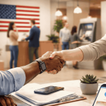 Customer and bank representative shaking hands inside a U.S. bank branch. An American flag is visible in the background, along with other clients speaking to staff. On the desk are documents, a smartphone, and a tablet displaying a banking app with a heart icon. The scene represents customer service, financial agreements, and trust in U.S. banking services.