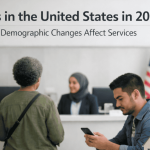 Diverse customers inside a modern U.S. bank branch, with older adults speaking to staff at the counter and a younger man using his smartphone, an American flag in the background, and the headline “Banks in the United States in 2026: How Demographic Changes Affect Services.”