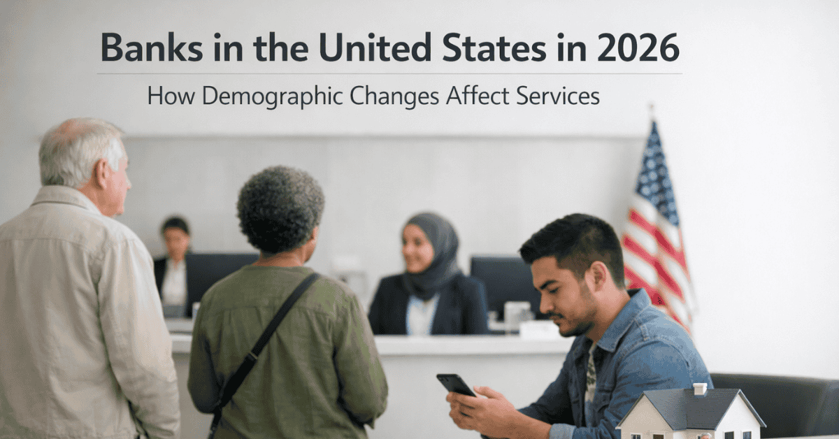 Diverse customers inside a modern U.S. bank branch, with older adults speaking to staff at the counter and a younger man using his smartphone, an American flag in the background, and the headline “Banks in the United States in 2026: How Demographic Changes Affect Services.”