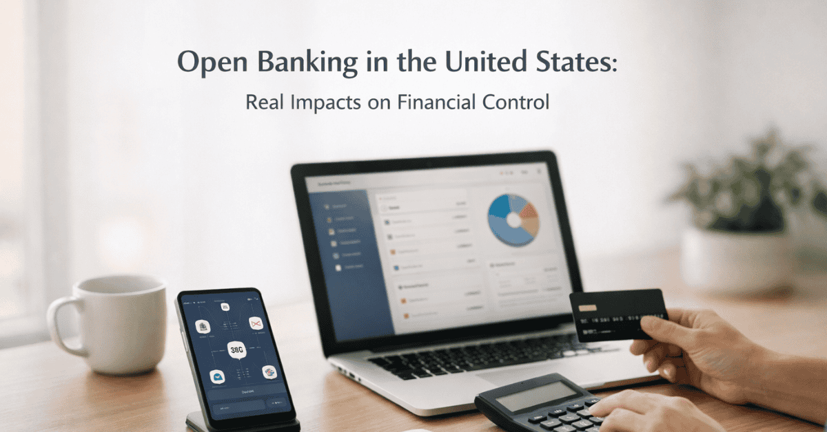 Laptop displaying a financial dashboard with charts, a smartphone showing banking app icons, and a person holding a credit card while using a calculator, under the headline “Open Banking in the United States: Real Impacts on Financial Control.
