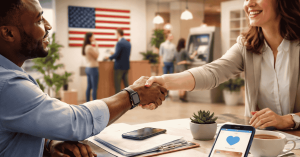 Customer and bank representative shaking hands inside a U.S. bank branch. An American flag is visible in the background, along with other clients speaking to staff. On the desk are documents, a smartphone, and a tablet displaying a banking app with a heart icon. The scene represents customer service, financial agreements, and trust in U.S. banking services.