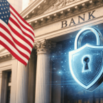 Imagem conceptual que representa segurança no sistema bancário dos Estados Unidos. Em primeiro plano vê-se a fachada de um edifício bancário clássico com colunas e a palavra “BANK” gravada na parte superior da estrutura. Ao lado do edifício está uma bandeira dos Estados Unidos a ondular, simbolizando o contexto financeiro do país. Sobreposta à cena aparece uma ilustração digital de um escudo com cadeado luminoso, representando proteção de dados, cibersegurança e segurança das transações financeiras. O efeito digital em torno do cadeado sugere tecnologia avançada e sistemas modernos de proteção utilizados pelas instituições financeiras. A composição transmite a ideia de confiança, estabilidade e proteção das informações e ativos dentro do sistema bancário.