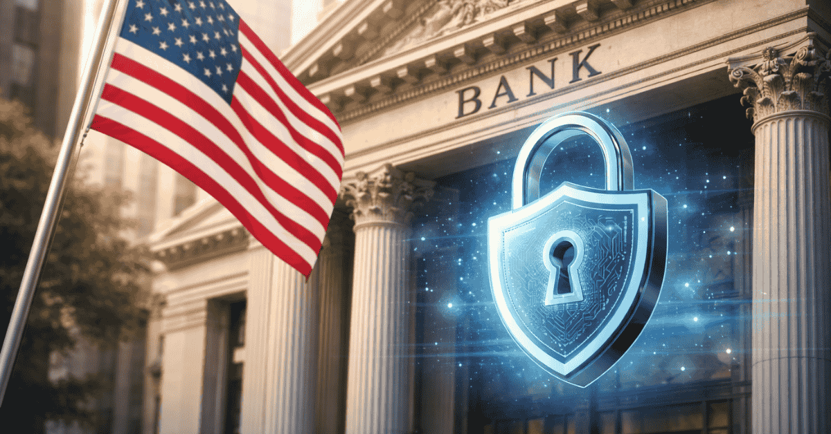 Imagem conceptual que representa segurança no sistema bancário dos Estados Unidos. Em primeiro plano vê-se a fachada de um edifício bancário clássico com colunas e a palavra “BANK” gravada na parte superior da estrutura. Ao lado do edifício está uma bandeira dos Estados Unidos a ondular, simbolizando o contexto financeiro do país. Sobreposta à cena aparece uma ilustração digital de um escudo com cadeado luminoso, representando proteção de dados, cibersegurança e segurança das transações financeiras. O efeito digital em torno do cadeado sugere tecnologia avançada e sistemas modernos de proteção utilizados pelas instituições financeiras. A composição transmite a ideia de confiança, estabilidade e proteção das informações e ativos dentro do sistema bancário.