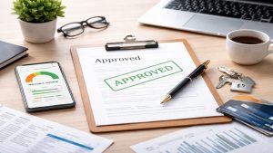 The image visually reinforces these ideas by presenting a clean and modern financial workspace.