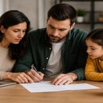 Family gathered around a wooden table at home reviewing financial documents together, with a laptop and a piggy bank nearby, representing banks, shared financial planning, household budgeting, and family organization in the United States.