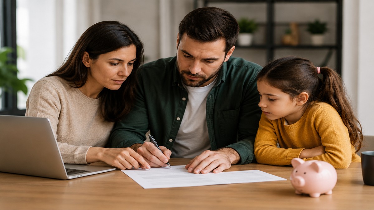 Family gathered around a wooden table at home reviewing financial documents together, with a laptop and a piggy bank nearby, representing banks, shared financial planning, household budgeting, and family organization in the United States.