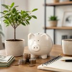 A realistic, minimalist personal finance scene on a clean wooden table in a bright home office. A glossy white piggy bank sits beside neatly stacked coins, folded U.S. dollar bills, a blank notebook with a pen, a coffee mug, and a small green potted tree symbolizing long-term financial growth. The background is softly blurred with modern shelves, plants, and neutral decor, creating a calm and organized setting focused on saving, planning, and building wealth over time.