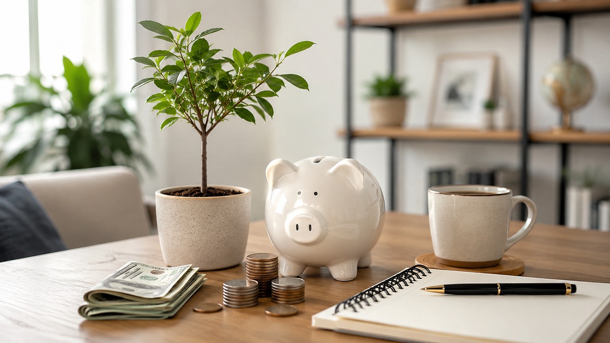 A realistic, minimalist personal finance scene on a clean wooden table in a bright home office. A glossy white piggy bank sits beside neatly stacked coins, folded U.S. dollar bills, a blank notebook with a pen, a coffee mug, and a small green potted tree symbolizing long-term financial growth. The background is softly blurred with modern shelves, plants, and neutral decor, creating a calm and organized setting focused on saving, planning, and building wealth over time.